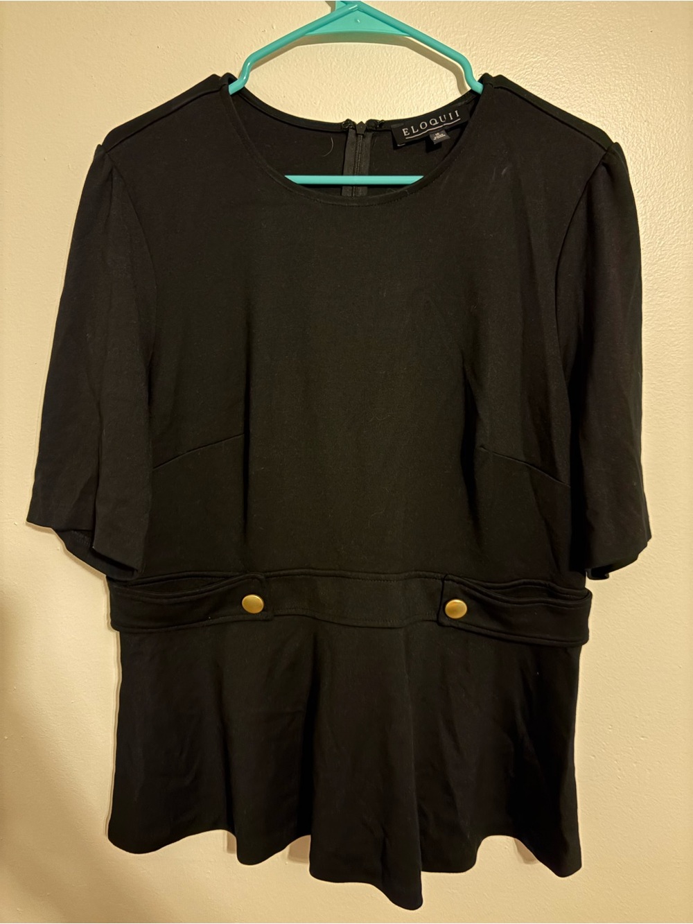 Eloquii Black Short-Sleeve Peplum Top with Gold Buttons